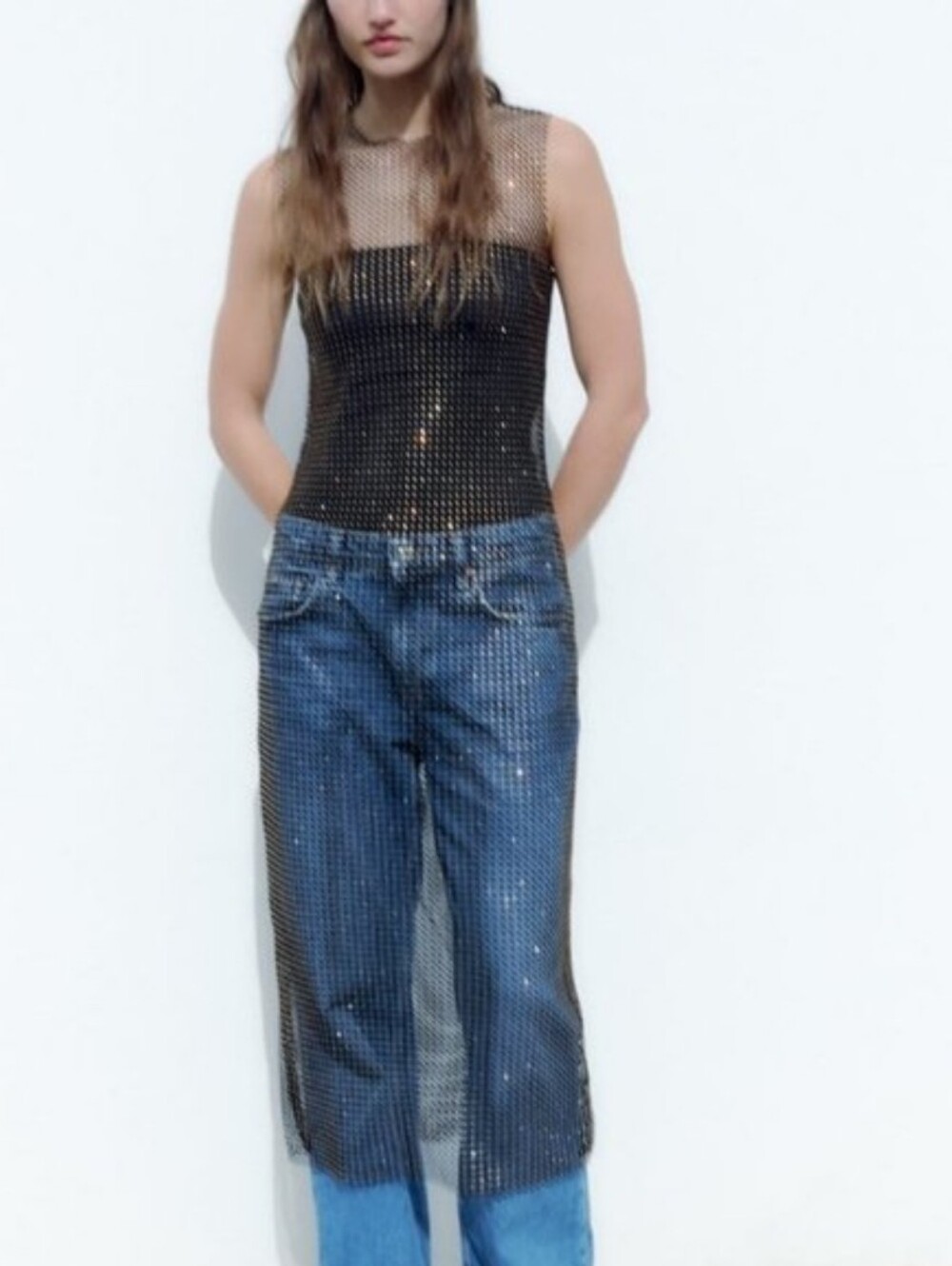 NWT Zara Sheer Rhinestone Fishnet Midi Sleeveless Dress, Black, Size M